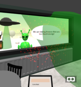 Kuvakaappaus Top Hat Wombatin virtuaalikodista, jonka ulkopuolella alien muistuttaa energiansäästöstä
